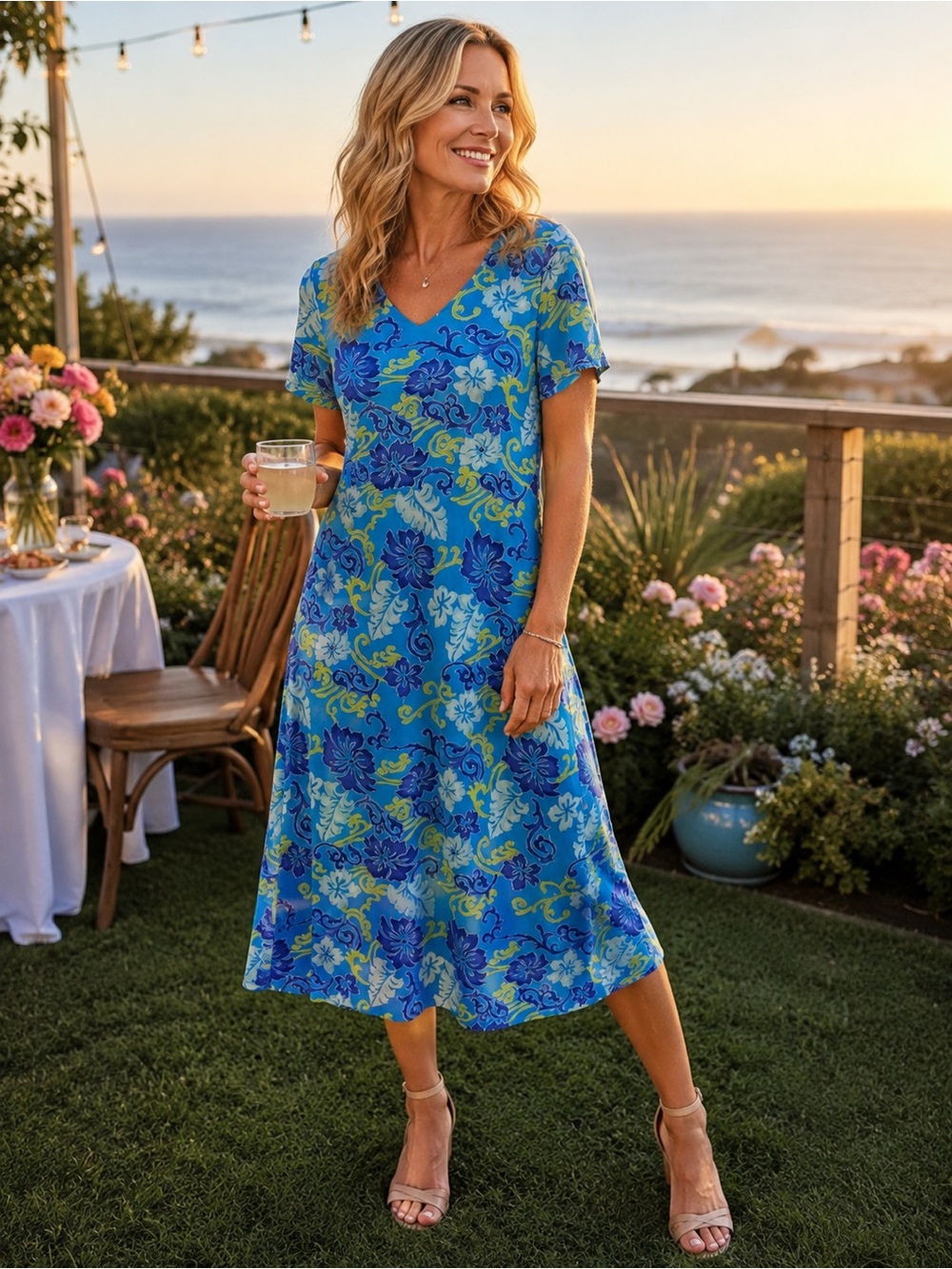 Diamond Supply Co. Blue & Green Floral V‑Neck Midi Dress Sz S